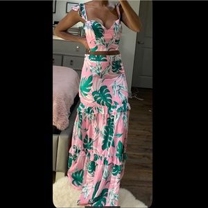 Pink Leaves Maxi Skirt Set